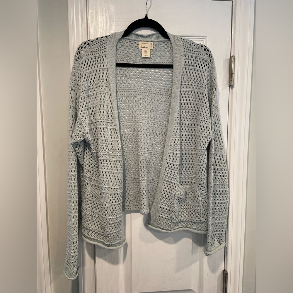 Artelier Nicole Miller Size S Light Blue Open Front Mesh Knit Pocket Cardigan